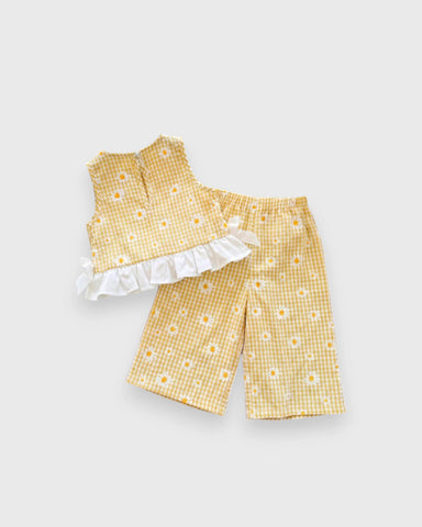 2 Pc Baby Girl Flower Patterned Ruffle Shirt & Wide Pants Set