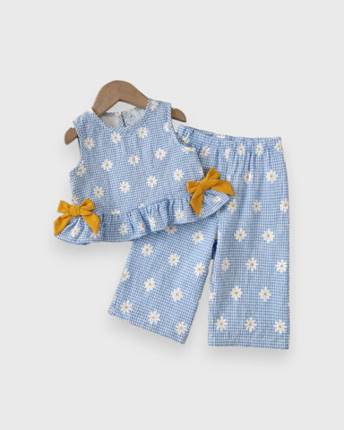 2 Pc Baby Girl Flower Patterned Ruffle Shirt & Wide Pants Set