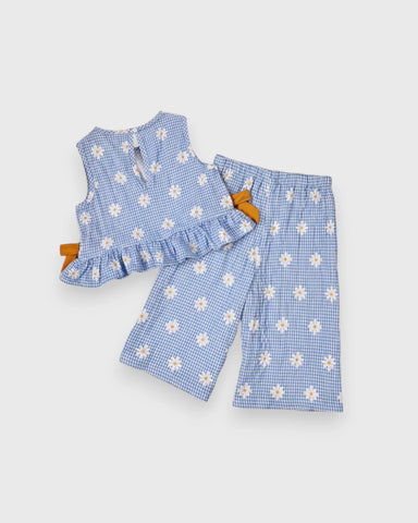 2 Pc Baby Girl Flower Patterned Ruffle Shirt & Wide Pants Set