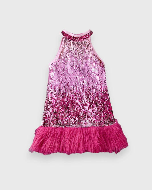 Girls Ombre Sequin Halter Fringe Dress