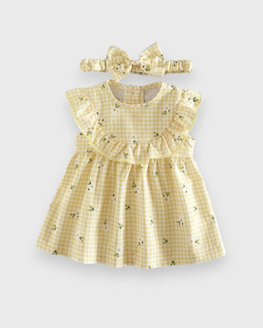 2 Pc Baby Girl Flower Ruffle Bib Gingham Dress
