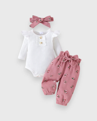 3 Pc Baby Girl Tulip Flower Corduroy Pants Headband Set