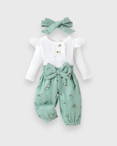 3 Pc Baby Girl Tulip Flower Corduroy Pants Headband Set