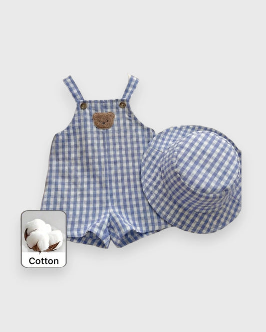 2 Pcs Baby Boy Bear Patch Gingham Overalls w/Hat