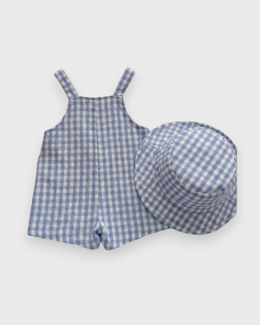 2 Pcs Baby Boy Bear Patch Gingham Overalls w/Hat