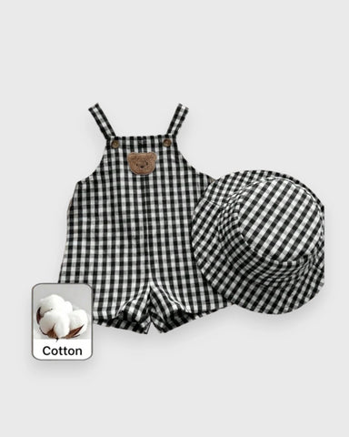 2 Pcs Baby Boy Bear Patch Gingham Overalls w/Hat