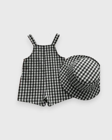 2 Pcs Baby Boy Bear Patch Gingham Overalls w/Hat