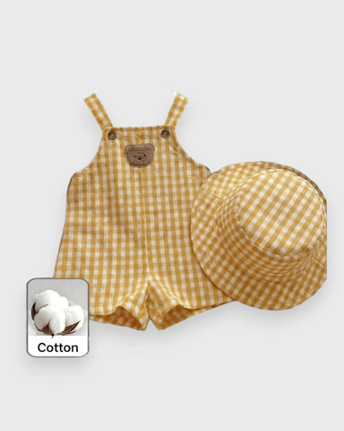 2 Pcs Baby Boy Bear Patch Gingham Overalls w/Hat