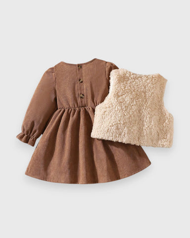 2 Pc Baby Girl Corduroy Dress with Shearling Vest