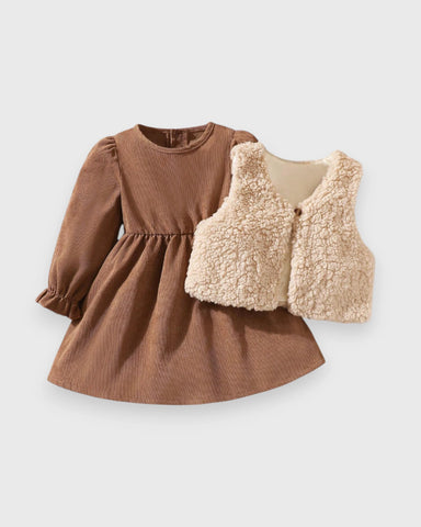 2 Pc Baby Girl Corduroy Dress with Shearling Vest