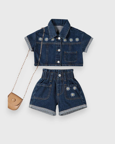 2 Pc Daisy Emb Denim Shorts Set