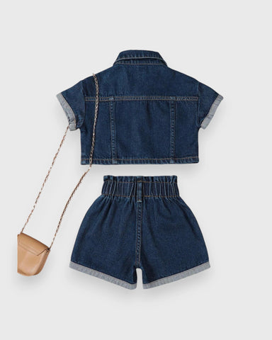 2 Pc Daisy Emb Denim Shorts Set