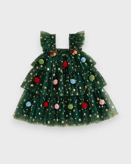 Green baby girls' Christmas tree dress with layered tulle and multicolor pom-poms.