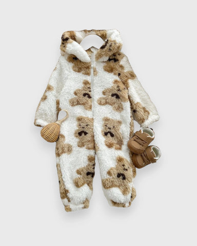Baby Boy Girl Winter Fall Brown Teddy Bear Fleece Zipper Onesie Romper