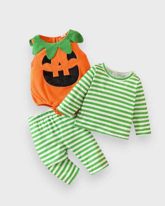 3 Pc Baby Stripe Fleece Pumpkin Bodysuit Set