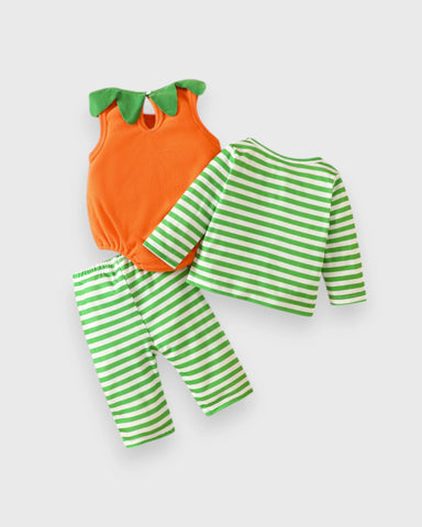 3 Pc Baby Stripe Fleece Pumpkin Bodysuit Set