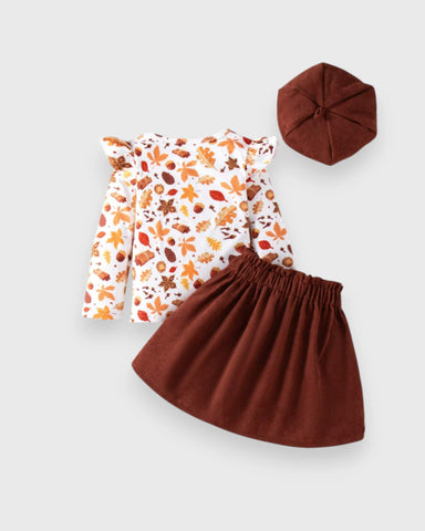 3 Pc Baby Girl Autumn Leaves Dress & Beret Set