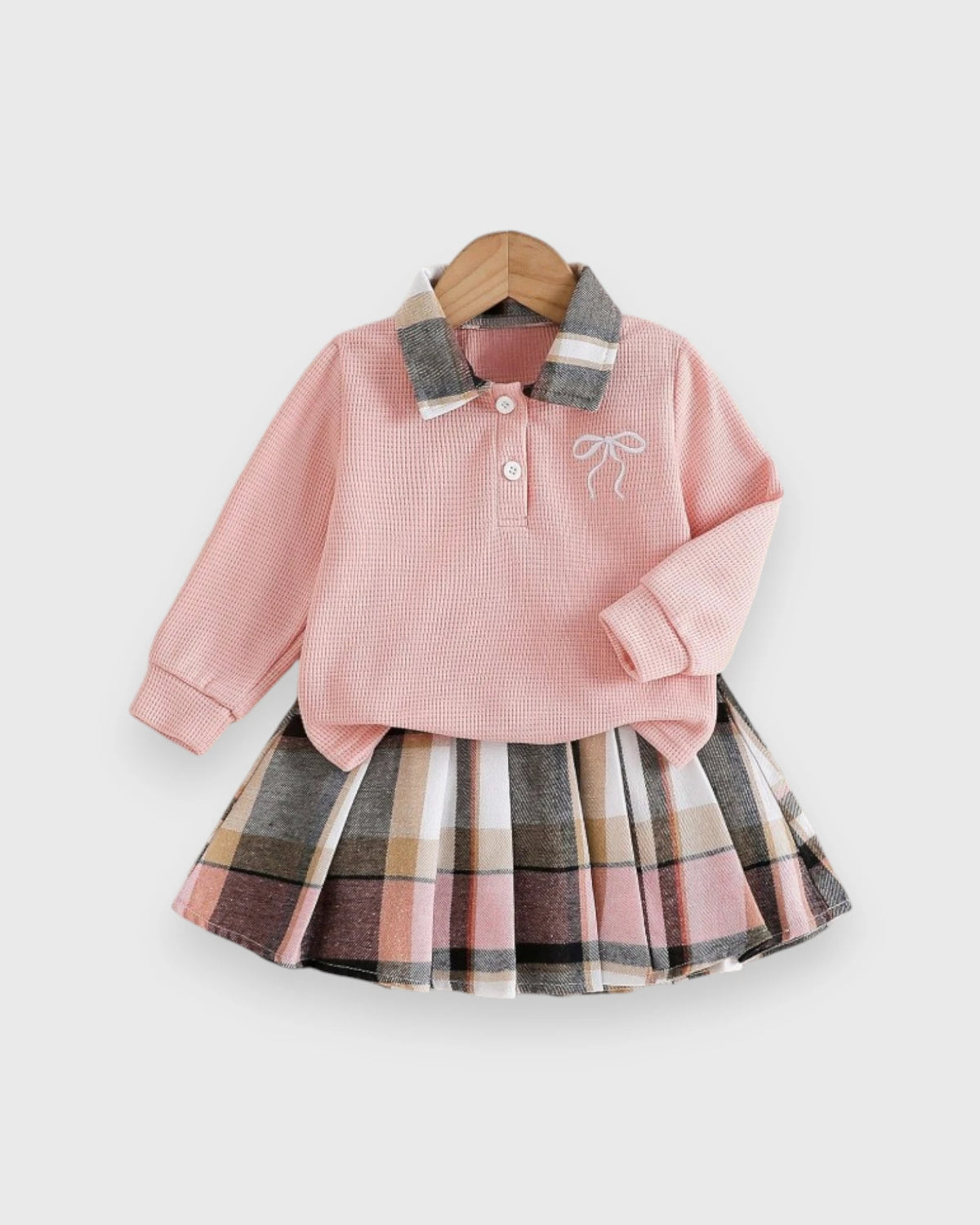 2 Pcs Baby Girl Plaid Collar Polo Shirt & Skirt Set
