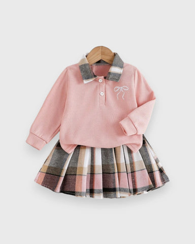 2 Pcs Baby Girl Plaid Collar Polo Shirt & Skirt Set