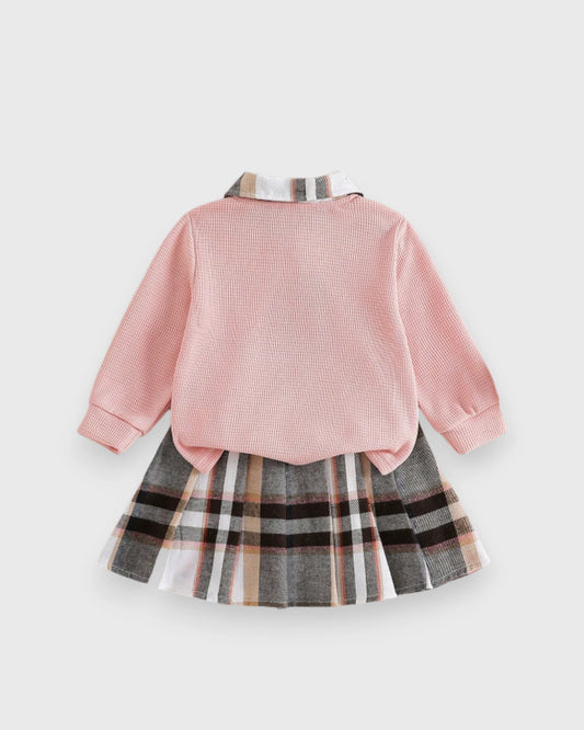 2 Pcs Baby Girl Plaid Collar Polo Shirt & Skirt Set