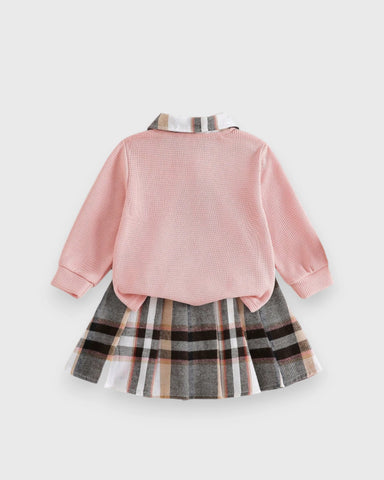 2 Pcs Baby Girl Plaid Collar Polo Shirt & Skirt Set