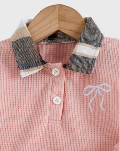 2 Pcs Baby Girl Plaid Collar Polo Shirt & Skirt Set