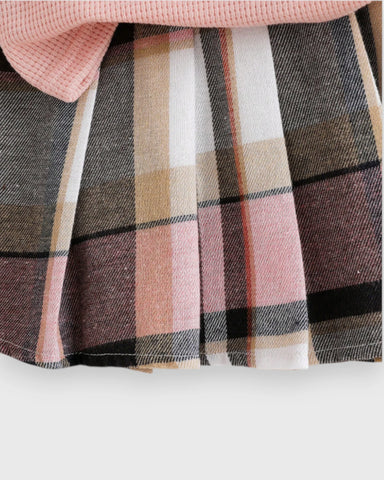2 Pcs Baby Girl Plaid Collar Polo Shirt & Skirt Set