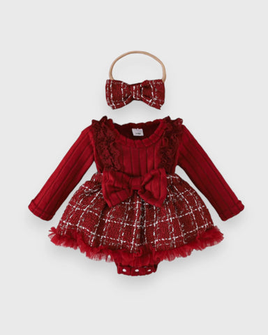2 Pc Baby Girl Tweed Bow Bodysuit Dress & Headband Set