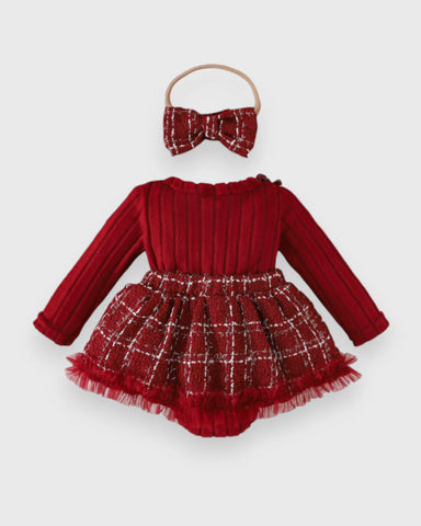 2 Pc Baby Girl Tweed Bow Bodysuit Dress & Headband Set