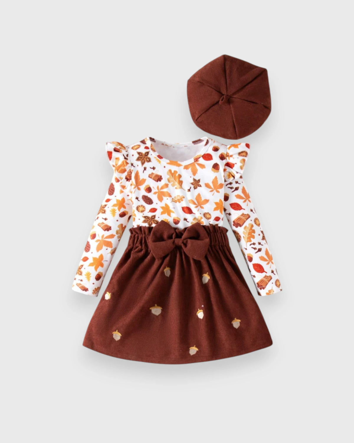 3 Pc Baby Girl Autumn Leaves Dress & Beret Set