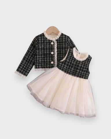 2 Pc Baby Girl Plaid Tulle Dress & Ruffle Jacket Set