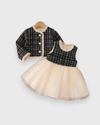 2 Pc Baby Girl Plaid Tulle Dress & Ruffle Jacket Set