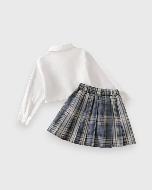 2 Pcs Toddler Girls Plaid Pleated Skirt & Faux Vest Shirt Set