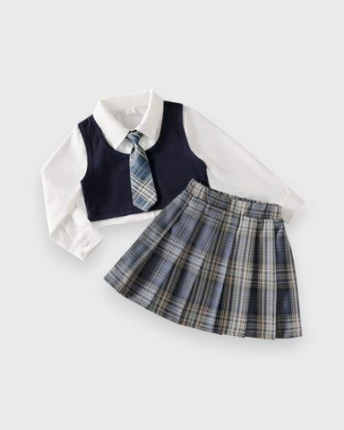 2 Pcs Toddler Girls Plaid Pleated Skirt & Faux Vest Shirt Set
