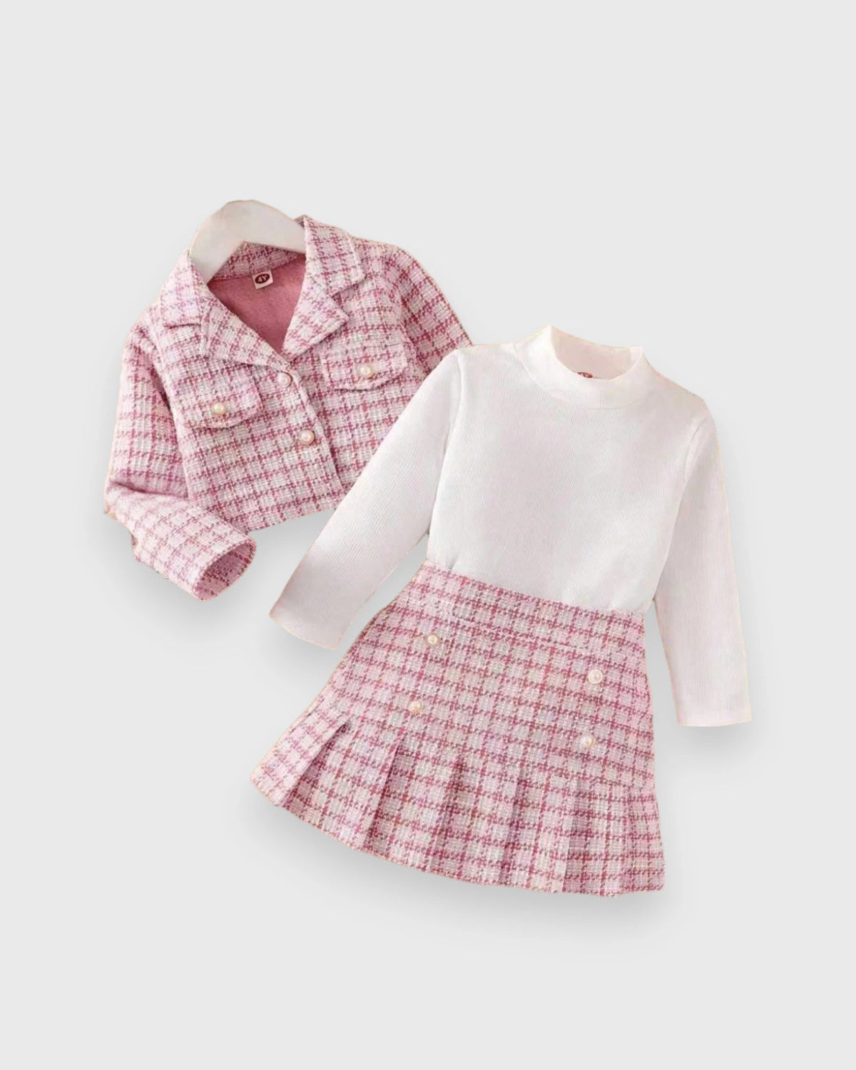 3 Pc Girls Tweed Jacket, Turtleneck & Pleated Skirt Set