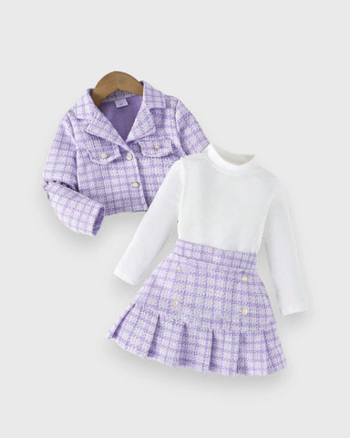 3 Pc Girls Tweed Jacket, Turtleneck & Pleated Skirt Set