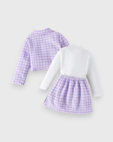 3 Pc Girls Tweed Jacket, Turtleneck & Pleated Skirt Set