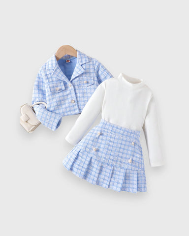 3 Pc Girls Tweed Jacket, Turtleneck & Pleated Skirt Set