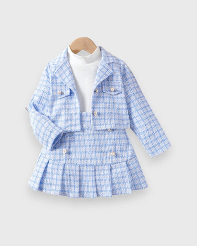 3 Pc Girls Tweed Jacket, Turtleneck & Pleated Skirt Set