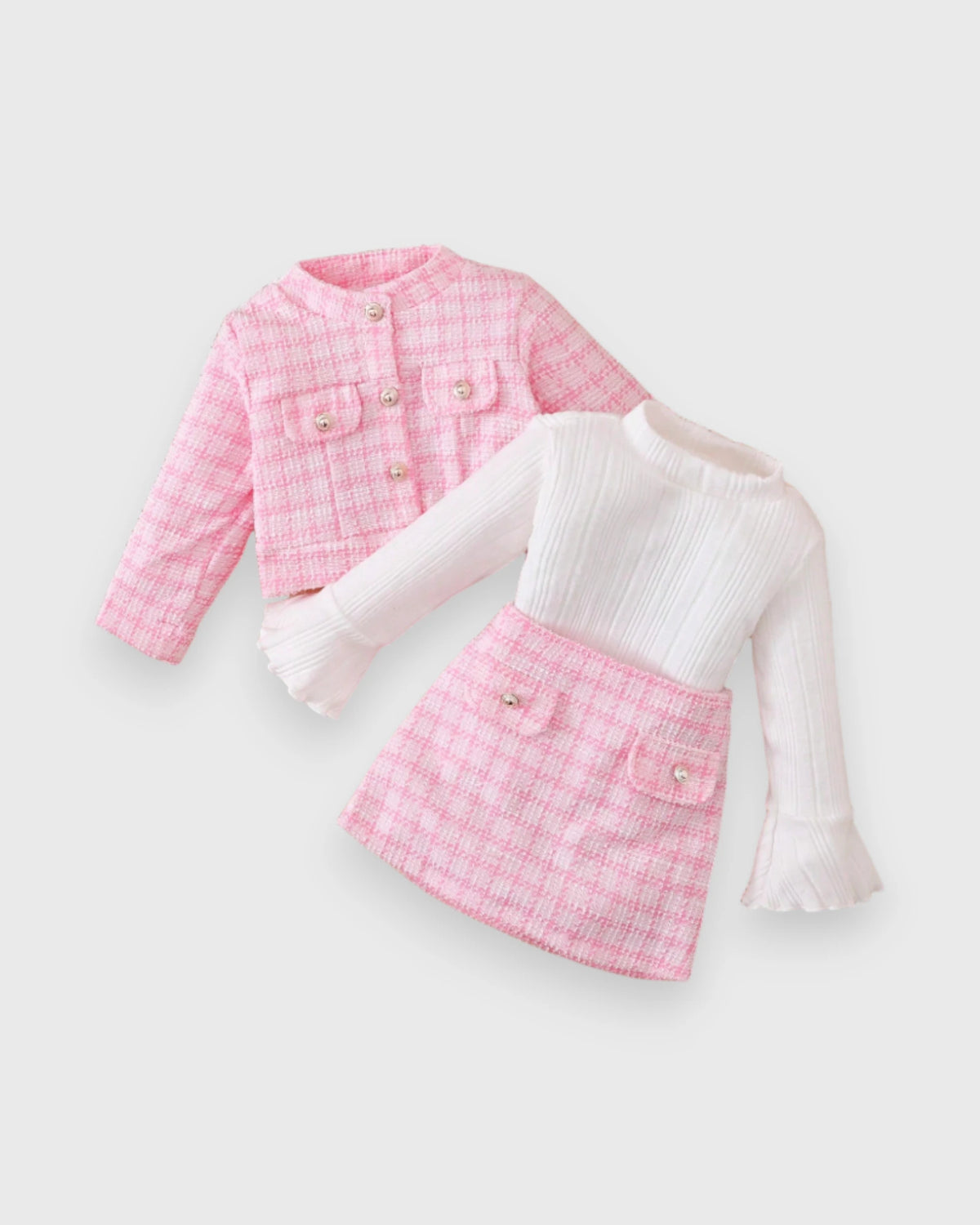 3 Pc Girls Pink Tweed Jacket, Top & Skirt Set
