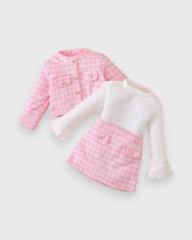 3 Pc Girls Pink Tweed Jacket, Top & Skirt Set