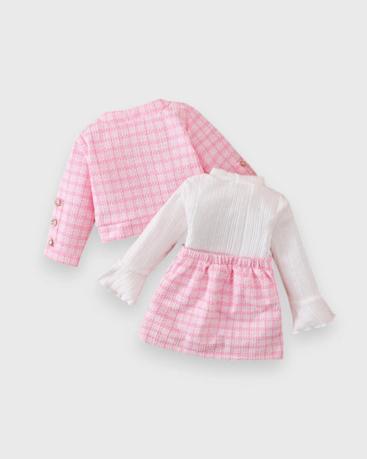 3 Pc Girls Pink Tweed Jacket, Top & Skirt Set