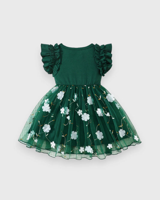 Baby Girls Floral Embroidered Tulle Ruffle Sleeve Dress