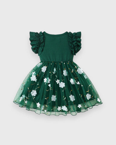 Baby Girls Floral Embroidered Tulle Ruffle Sleeve Dress