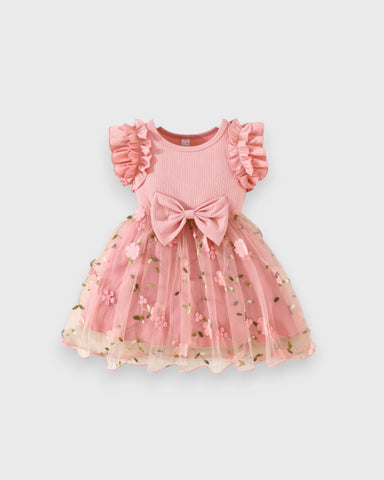 Baby Girls Floral Embroidered Tulle Ruffle Sleeve Dress