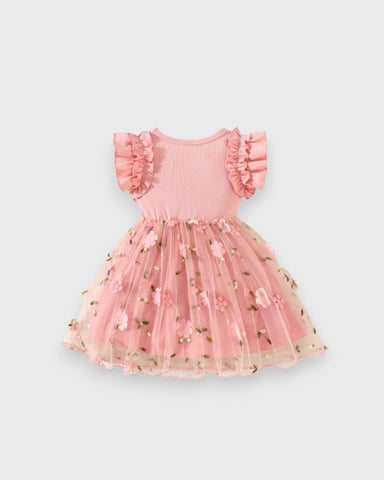 Baby Girls Floral Embroidered Tulle Ruffle Sleeve Dress