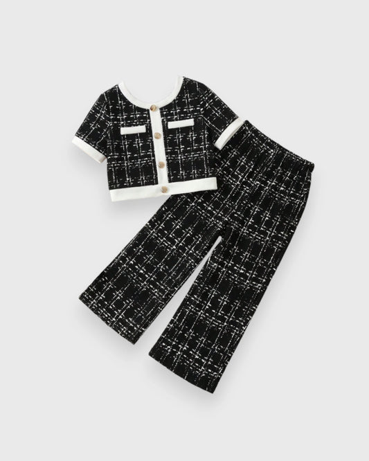 2 Pc Baby Girls Tweed Short-Sleeve Jacket & Wide-Leg Pants Set