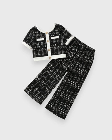 2 Pc Baby Girls Tweed Short-Sleeve Jacket & Wide-Leg Pants Set