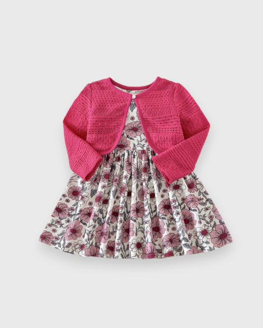 2 Pc Baby Girl Print Dress & Cardigan Set