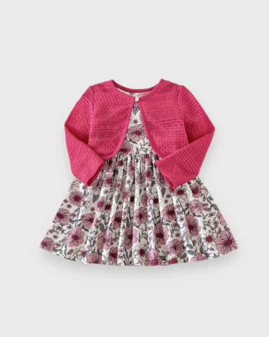2 Pc Baby Girl Print Dress & Cardigan Set